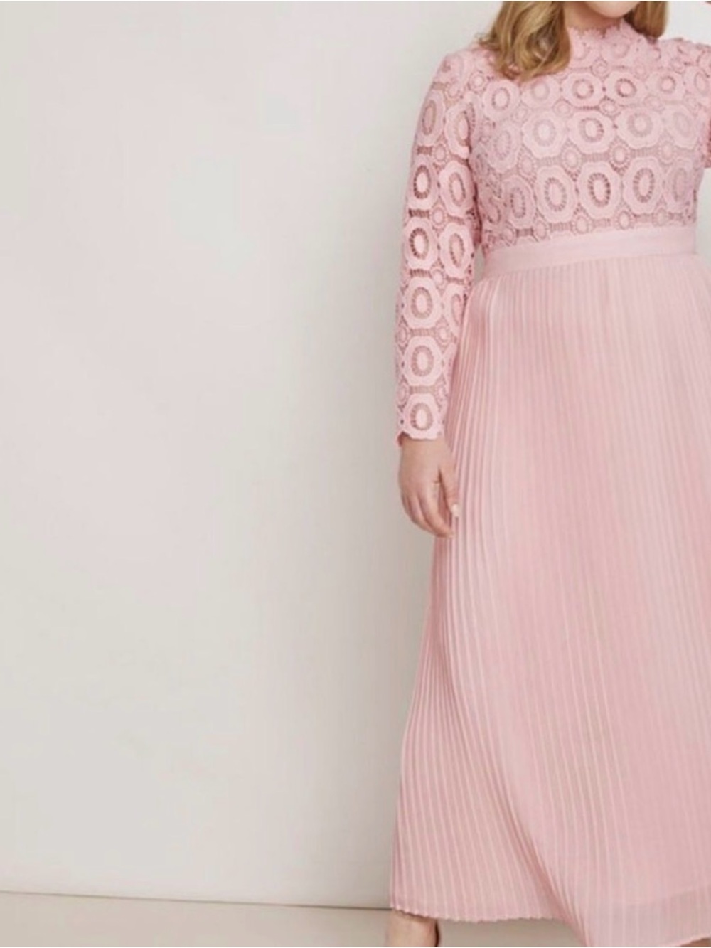 Eloquii Blush Pink Lace & Pleated Long Sleeve Maxi Dress